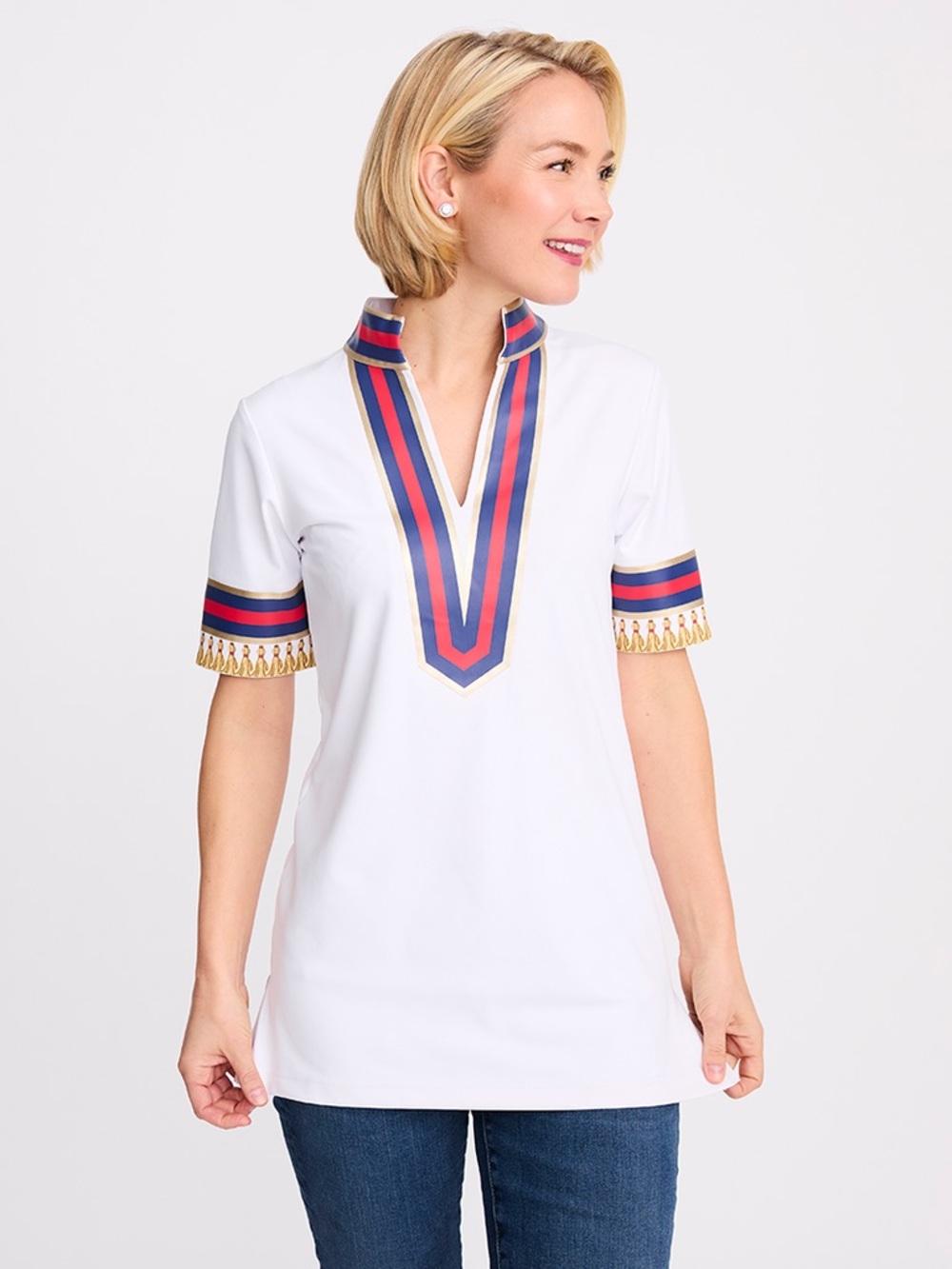 TASSLEY Collection WHITE SPORT TUNIC WITH NAVY & RED new with tags size